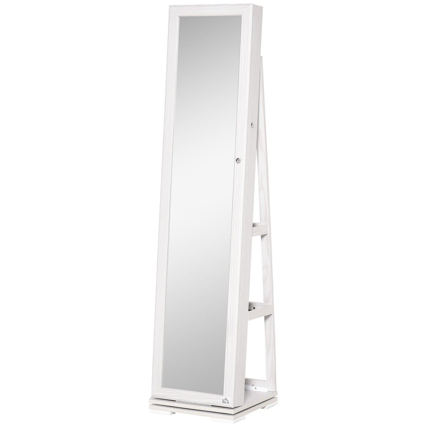 Rotating Jewellery Mirror for Bedroom with 2 Keys, White Wood and Glass, 38x38x160 cm