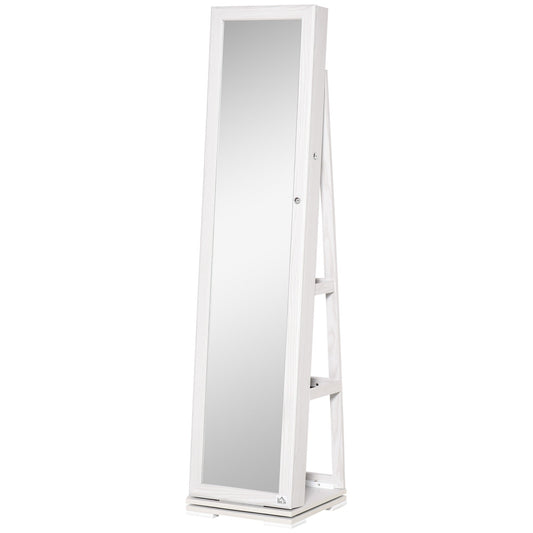 Rotating Jewellery Mirror for Bedroom with 2 Keys, White Wood and Glass, 38x38x160 cm
