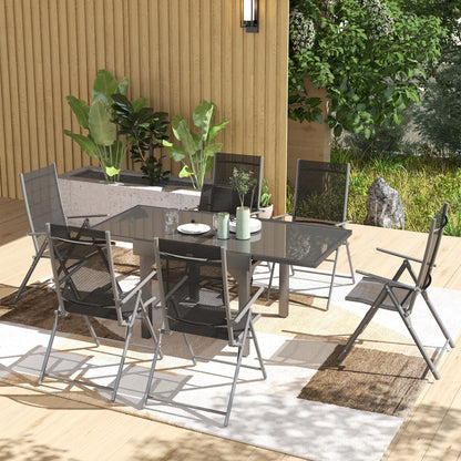 Garden Set with Extendable Glass Table and 6 Folding Outdoor Chairs, Steel and Textilene, Grey