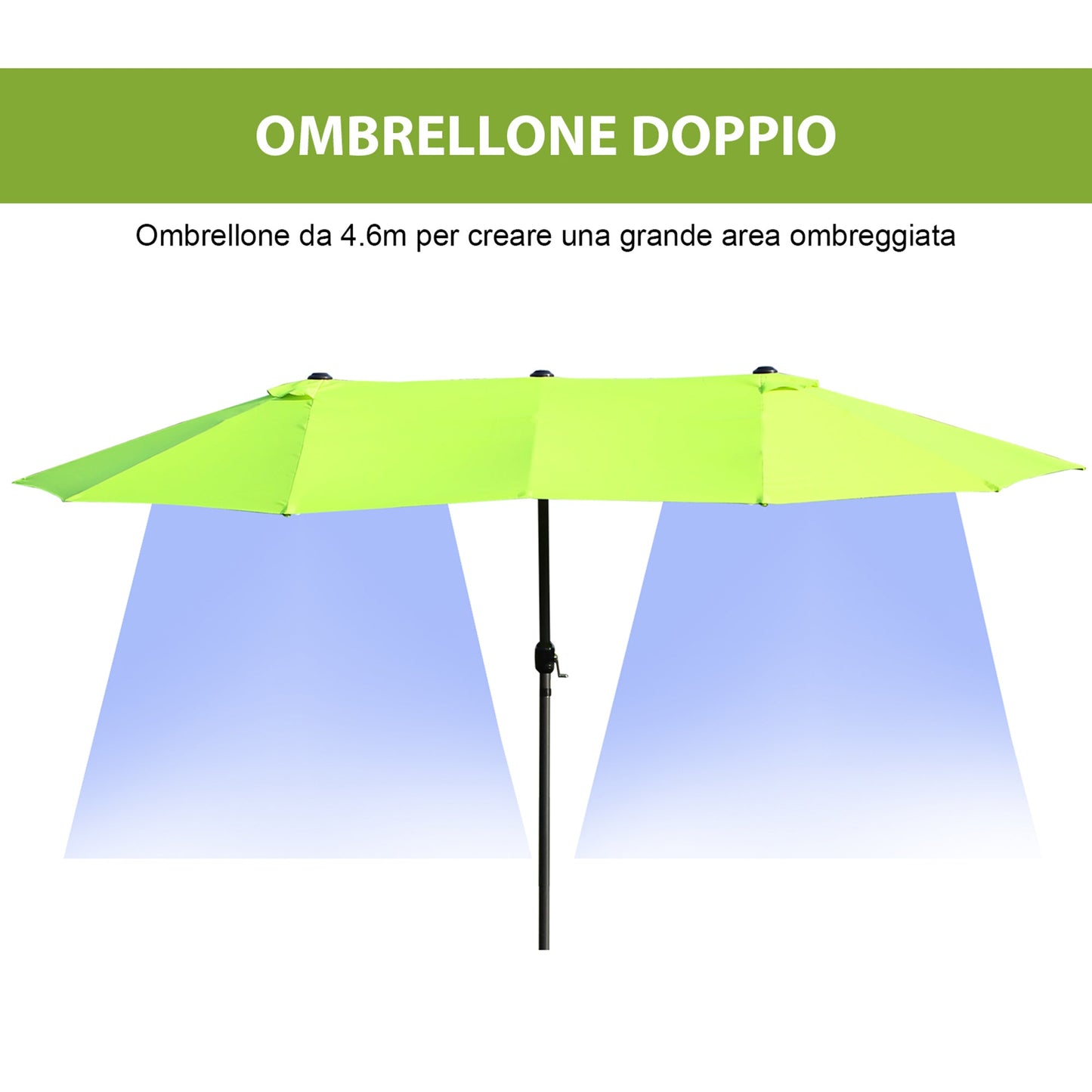 Double Garden Umbrella with Crank Opening, in Steel and Polyester, 460x270x240 cm, Light Green