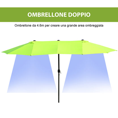Double Garden Umbrella with Crank Opening, in Steel and Polyester, 460x270x240 cm, Light Green