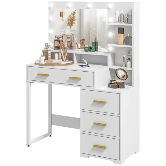 Wooden Makeup Table with 4 Drawers, 6 Open Shelves and Mirror, 100x40x138 cm, White