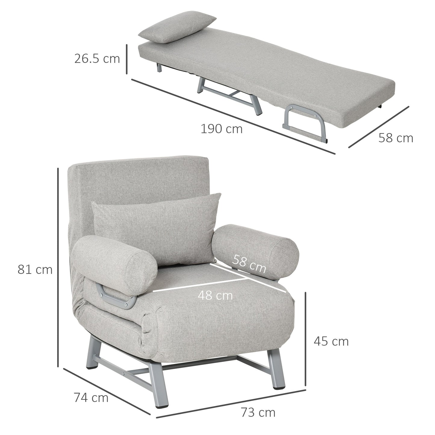 Single Reclining Chair with 5-Level Backrest and Extra Cushion, Fabric and Metal, 73x74x81cm, Grey