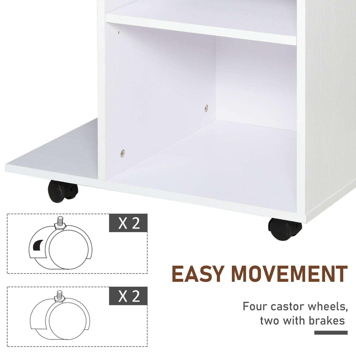 Wooden Printer Cabinet with 4 Wheels, Adjustable Shelf and CPU Tray, White