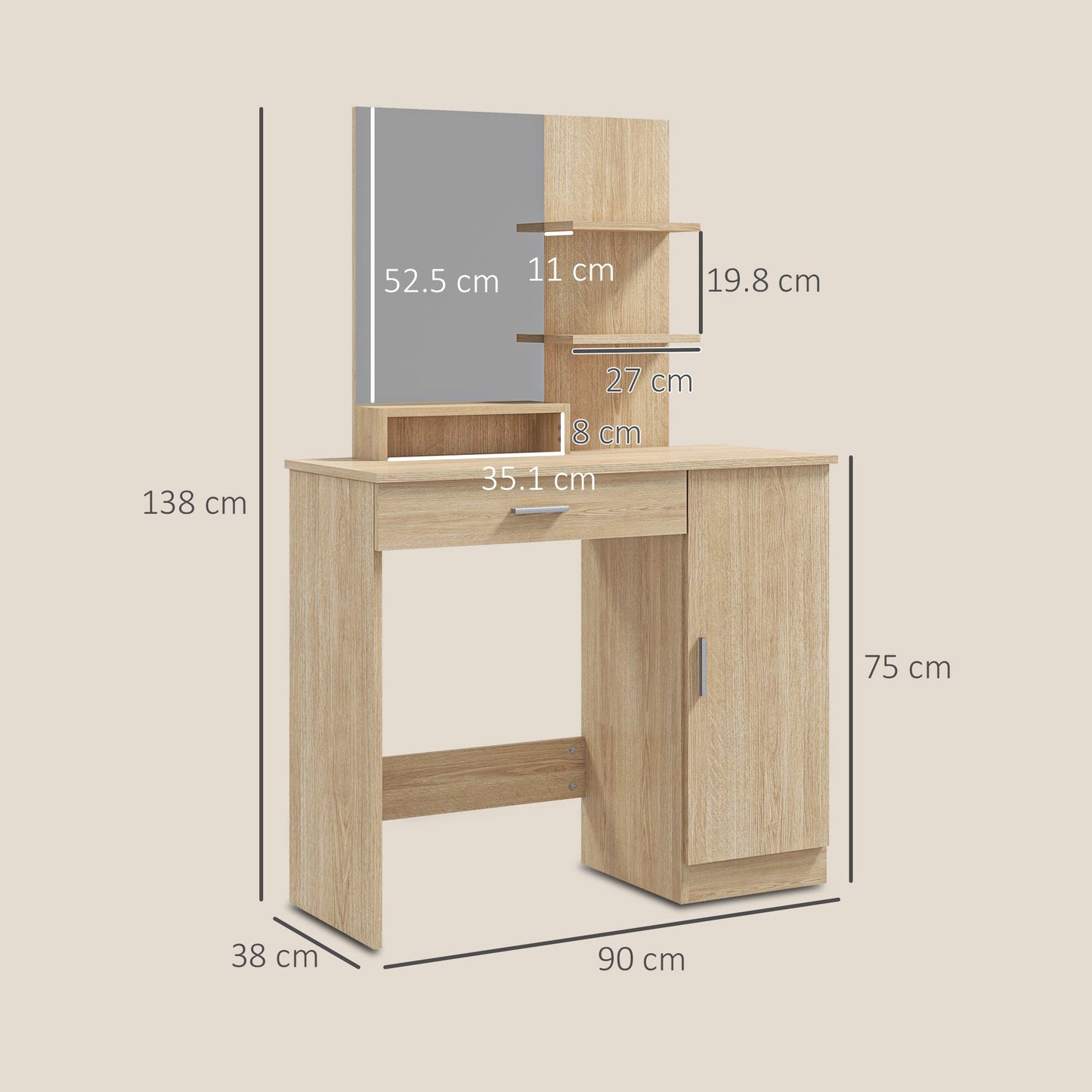 Dressing Table with Cabinet, Drawer, Makeup Mirror and Open Shelves, 90x38x138 cm, Maple