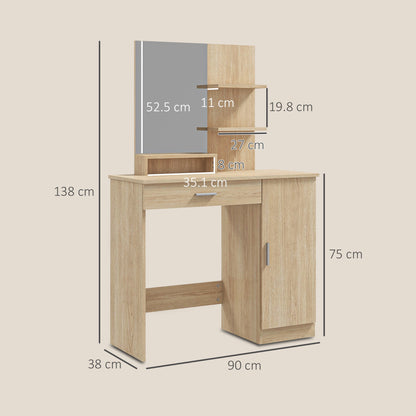 Dressing Table with Cabinet, Drawer, Makeup Mirror and Open Shelves, 90x38x138 cm, Maple