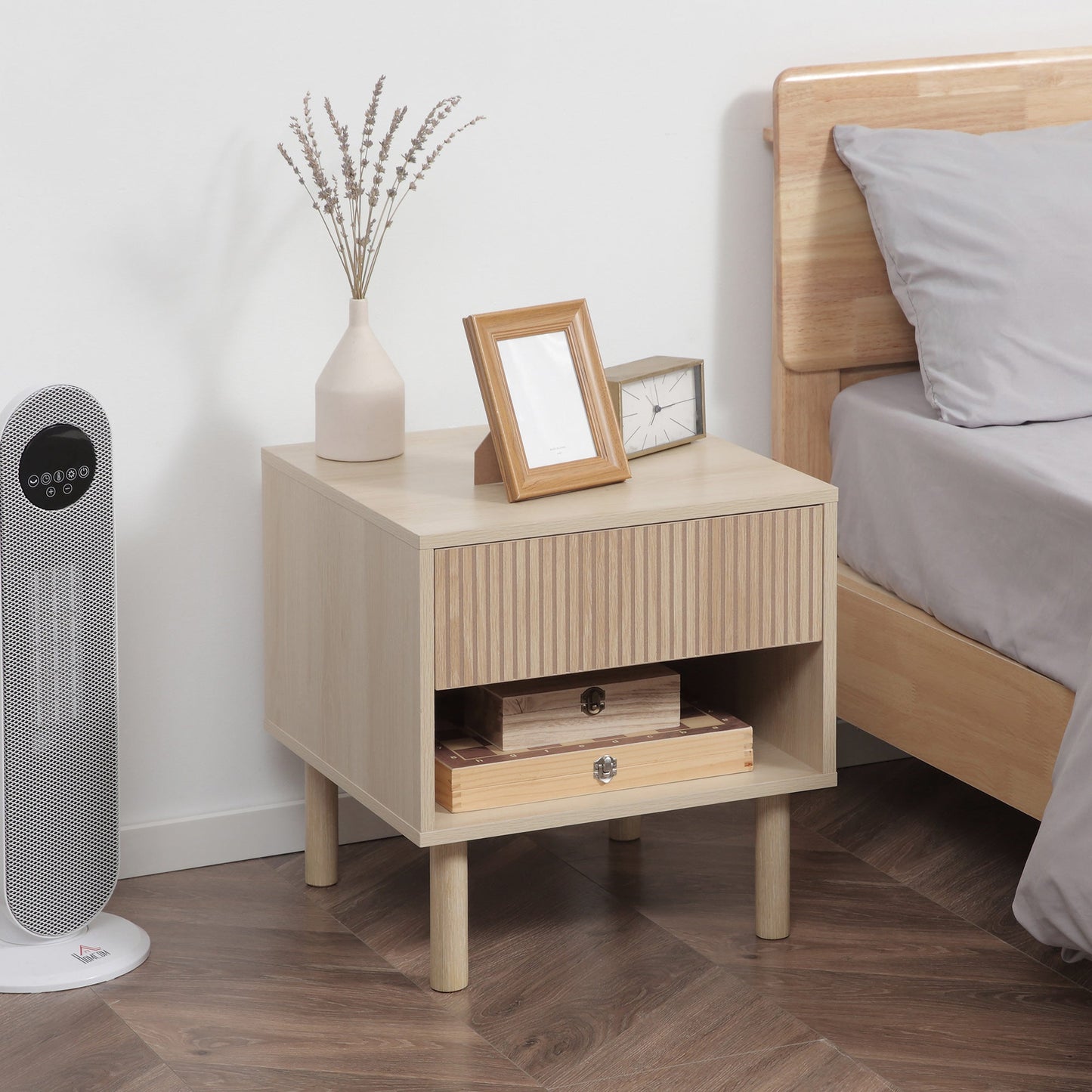 Modern Bedside Table with Drawer and Open Shelf in Chipboard, 47x47x50 cm, Wood Color