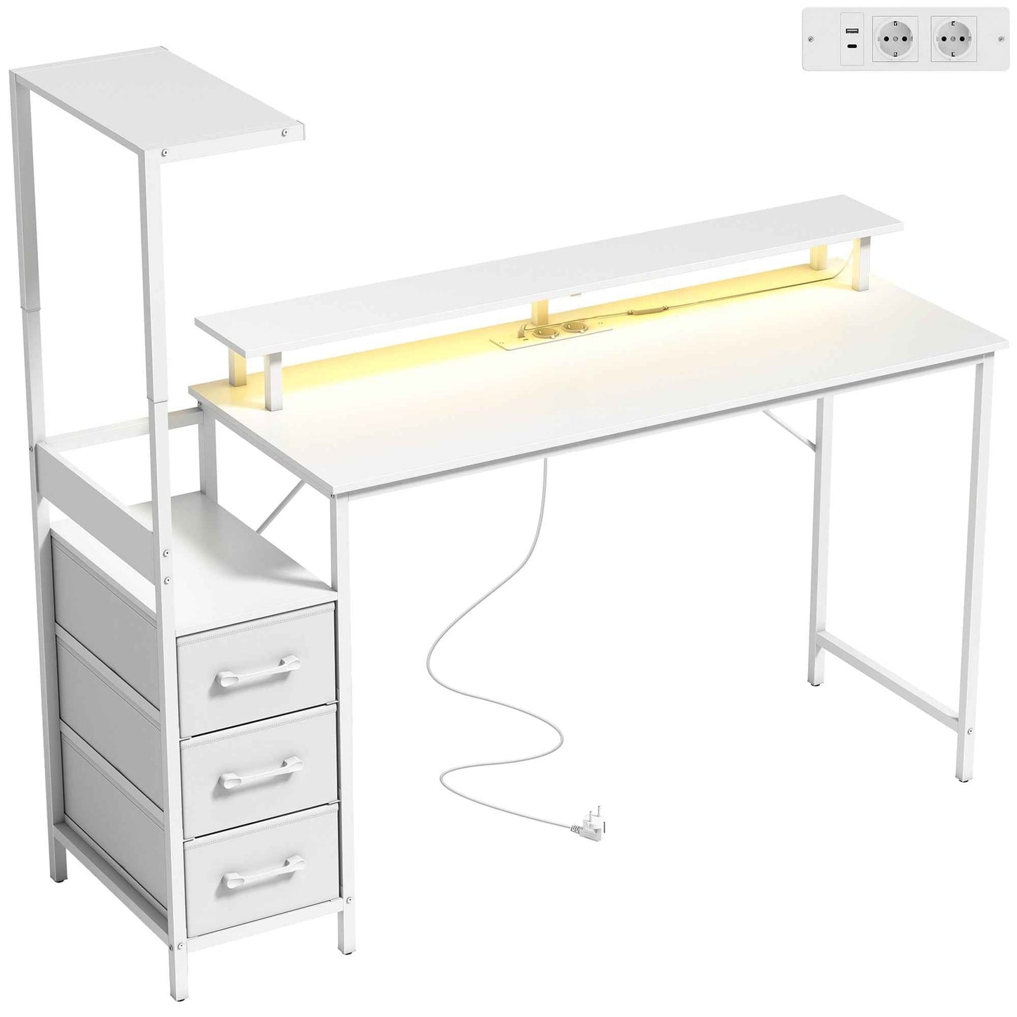 147cm Gaming Desk, Computer Table with Adjustable and Reversible CPU Stand, RGB Lights, Power Sockets, USB and USB-C Ports, Monitor Stand and 3 Fabric Drawers, White