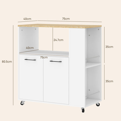 Wooden Kitchen Trolley with Open Shelf, Cabinet and Side Shelf, 75x40x80.5 cm, color Oak and White