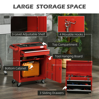 2-in-1 Tool Cart with Removable Toolbox and Lockable Steel Cabinet, Red