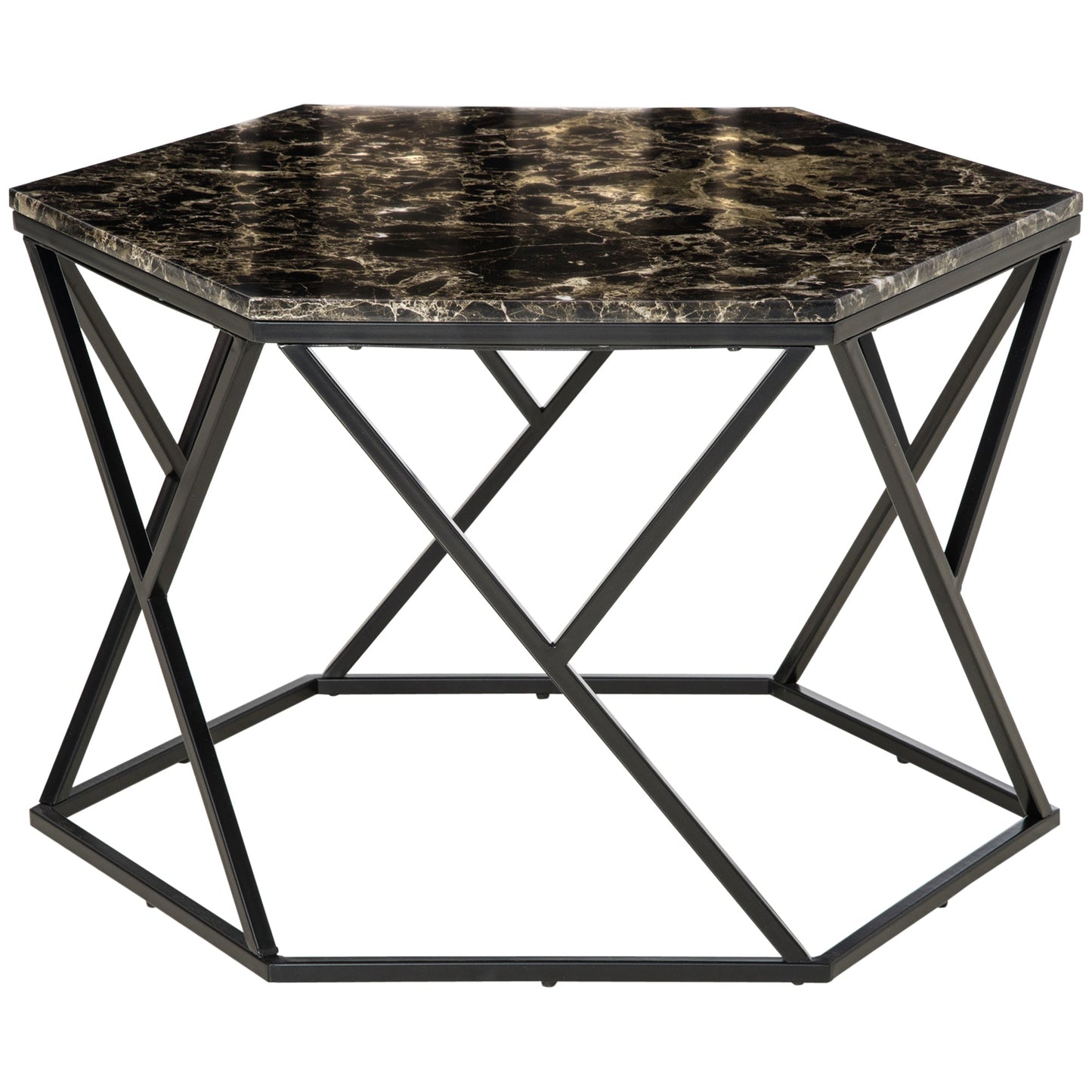 Modern Living Room Table with Marble Effect and MDF and steel structure, 81x70x51.2 cm, Black