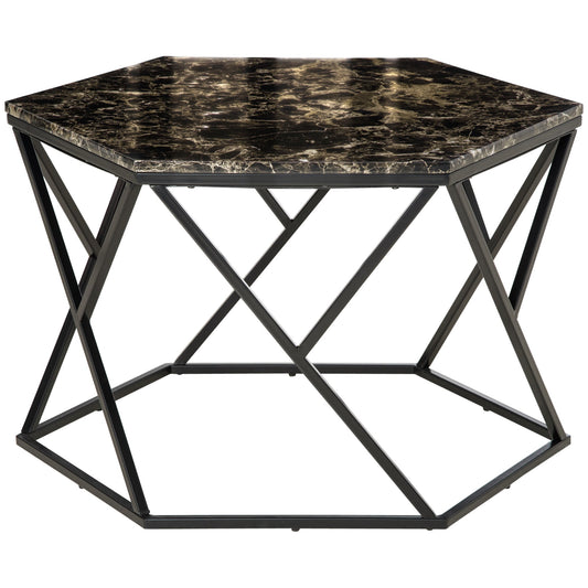 Modern Living Room Table with Marble Effect and MDF and steel structure, 81x70x51.2 cm, Black