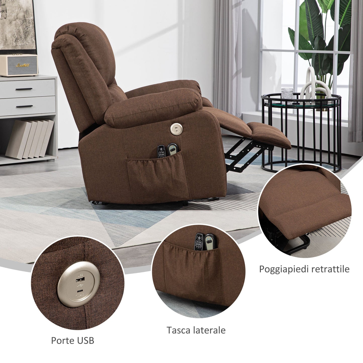Reclining Lift Chair with Footrest, in Linen Effect Fabric, 87x92x105 cm, Coffee