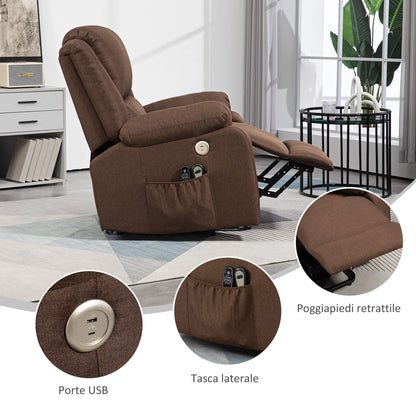 Reclining Lift Chair with Footrest, in Linen Effect Fabric, 87x92x105 cm, Coffee