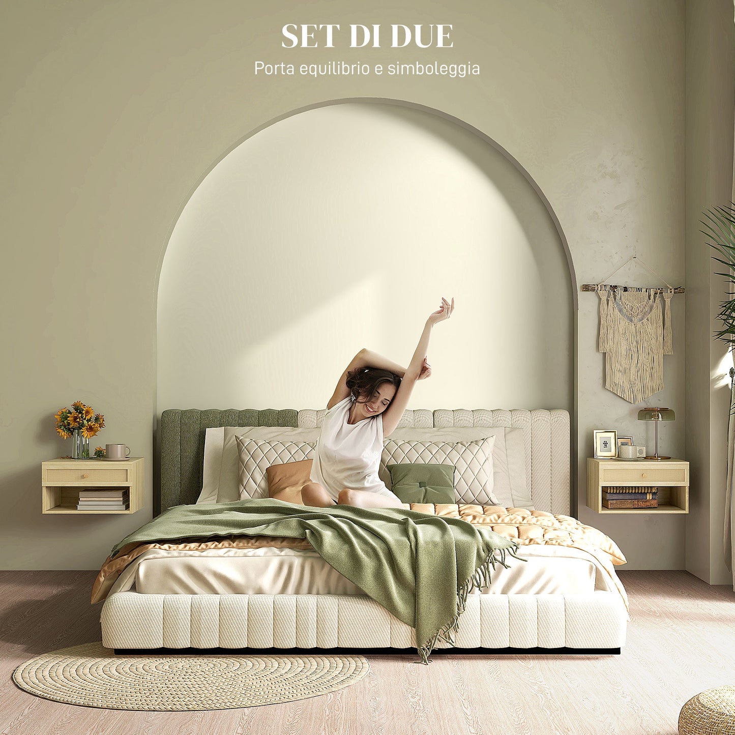 Set of 2 Bedside Tables with Drawer and Open Shelves in Boho Style, in Chipboard and Rattan, 40x34x23 cm