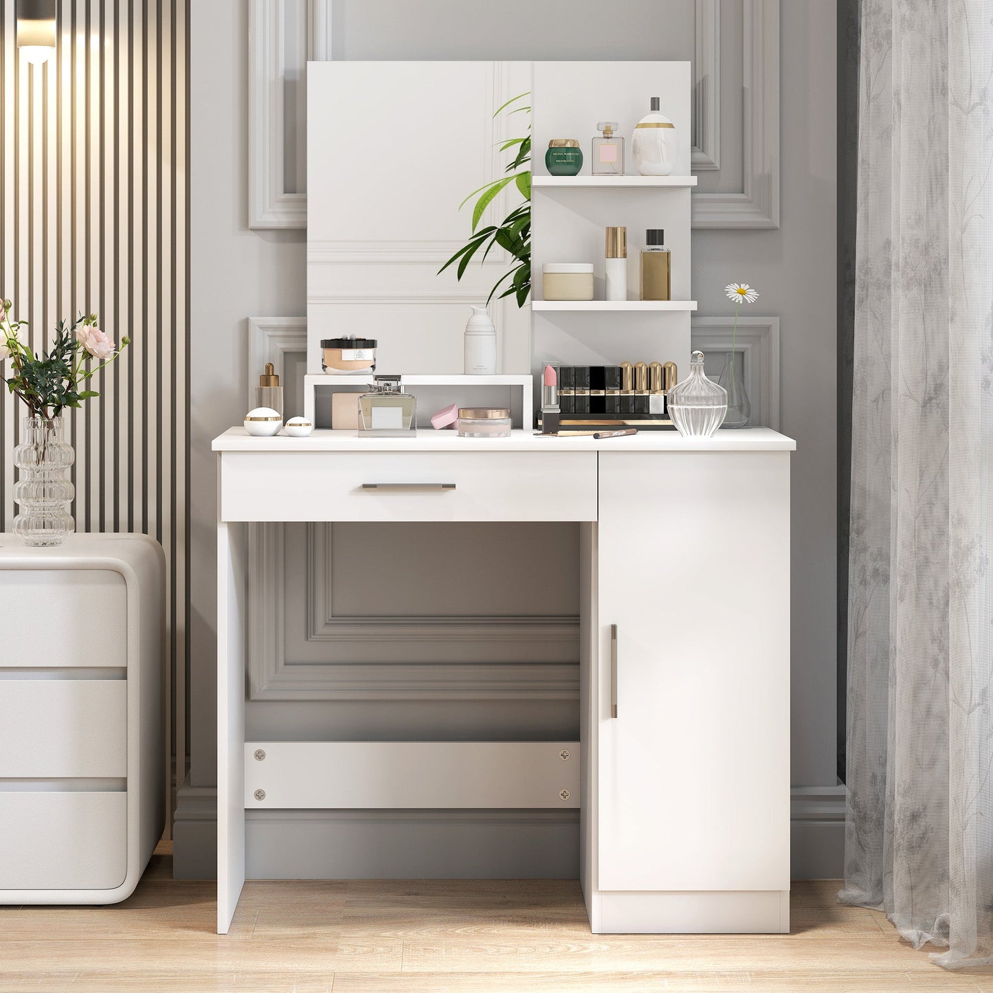 Dressing Table with Cabinet, Drawer, Makeup Mirror and Open Shelves, 90x38x138 cm, White