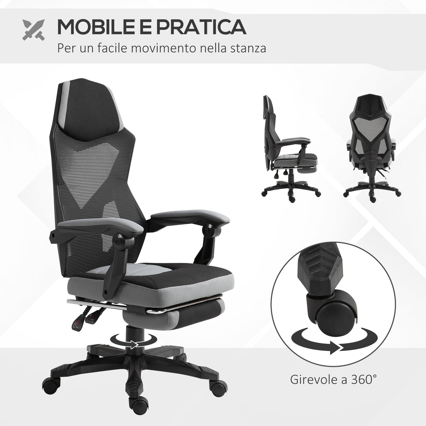 Ergonomic Office Chair with Reclining Backrest, Retractable Footrest, Adjustable Height, Grey