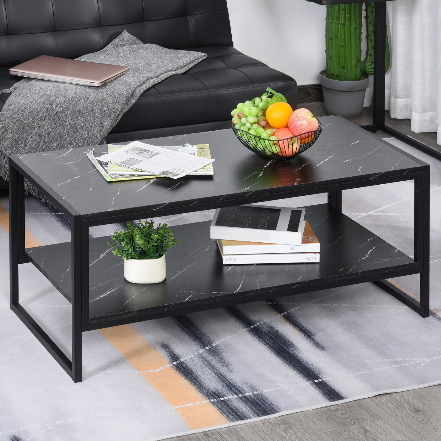 MALORCA | Black Marble Effect Coffee Table with Lower Shelf for Living Room or Office, 106x50x45cm