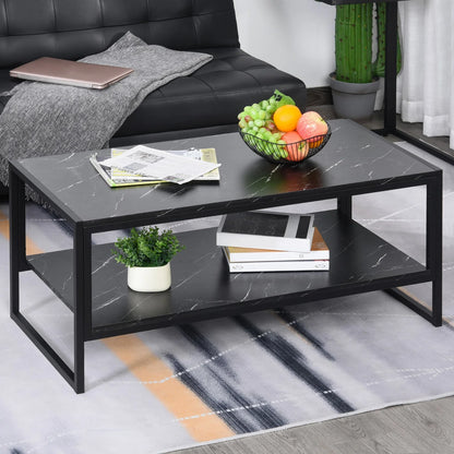 Modern Black Marble Coffee Table with Steel Frame and Storage Shelf