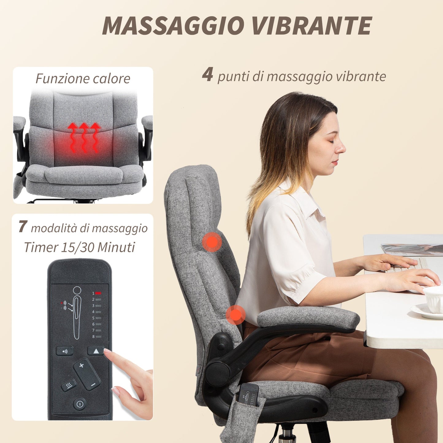 4-Point Massage Office Chair with Heater and Flip-Up Armrests, Grey