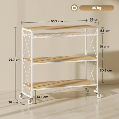 4-Tier Serving Trolley with Bottle Holder and 5 Removable Hooks, Wood and Metal, 96.5x38x96.7 cm