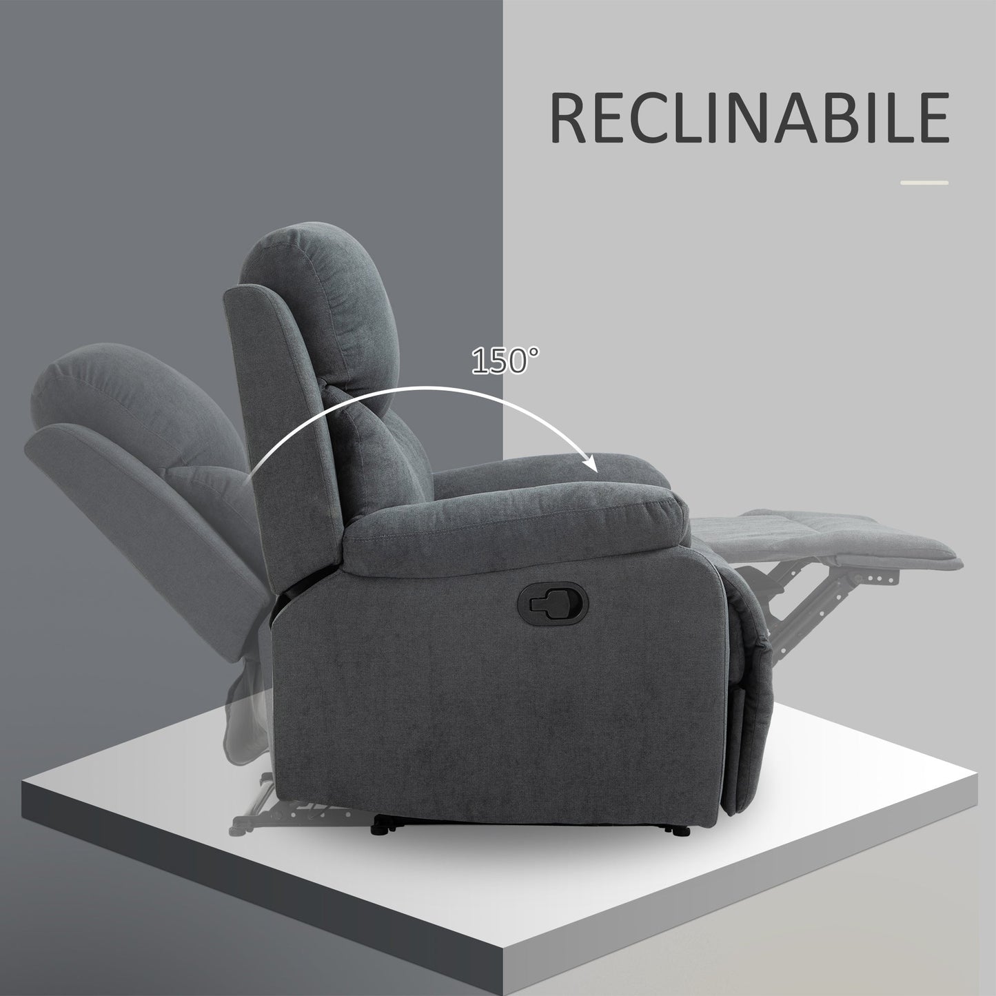Ergonomic Manual Fabric Relax Chair, 150° Reclining Chair and Footrest for Home and Office, 93x88x102cm, Dark Grey