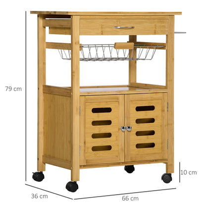 kitchen trolley with drawer, locker and removable wooden basket with swivel wheels, 66x36x79cm