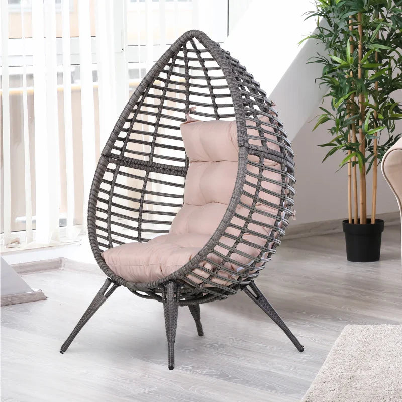 DROPPA | Boho Teardrop Rattan Outdoor Lounge Chair with Cushion, 101x89x156cm Grey and Beige