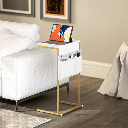 C-Shaped Coffee Table with Built-in Power Sockets and USB, Marble Effect, White