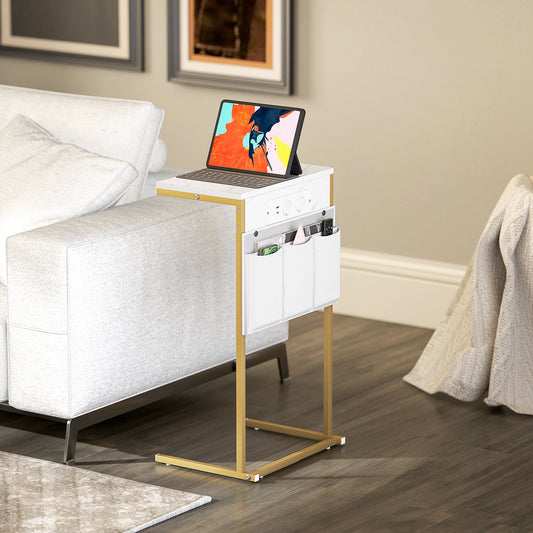 C-Shaped Coffee Table with Built-in Power Sockets and USB, Marble Effect, White