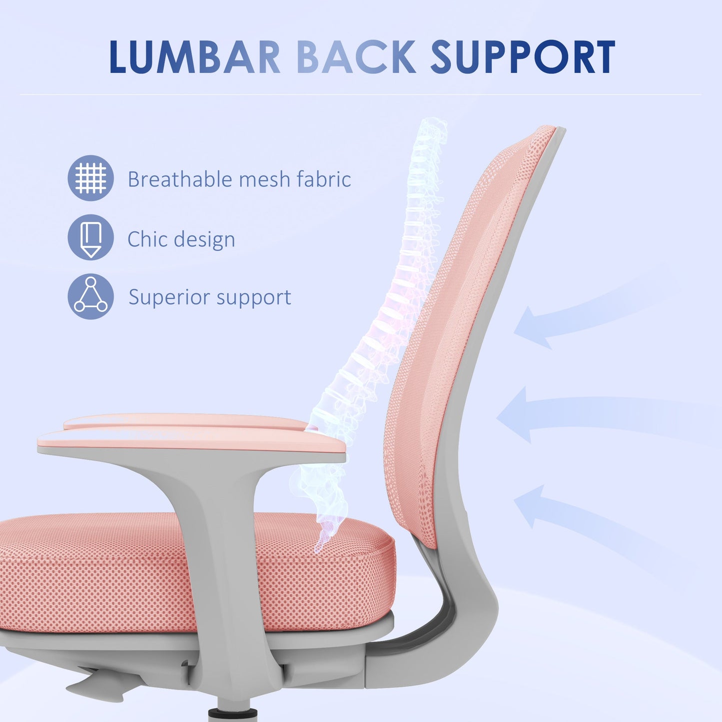 Ergonomic office chair and reclining at adjustable height with 5 wheels, 55x48x82.5-94.5 cm, pink