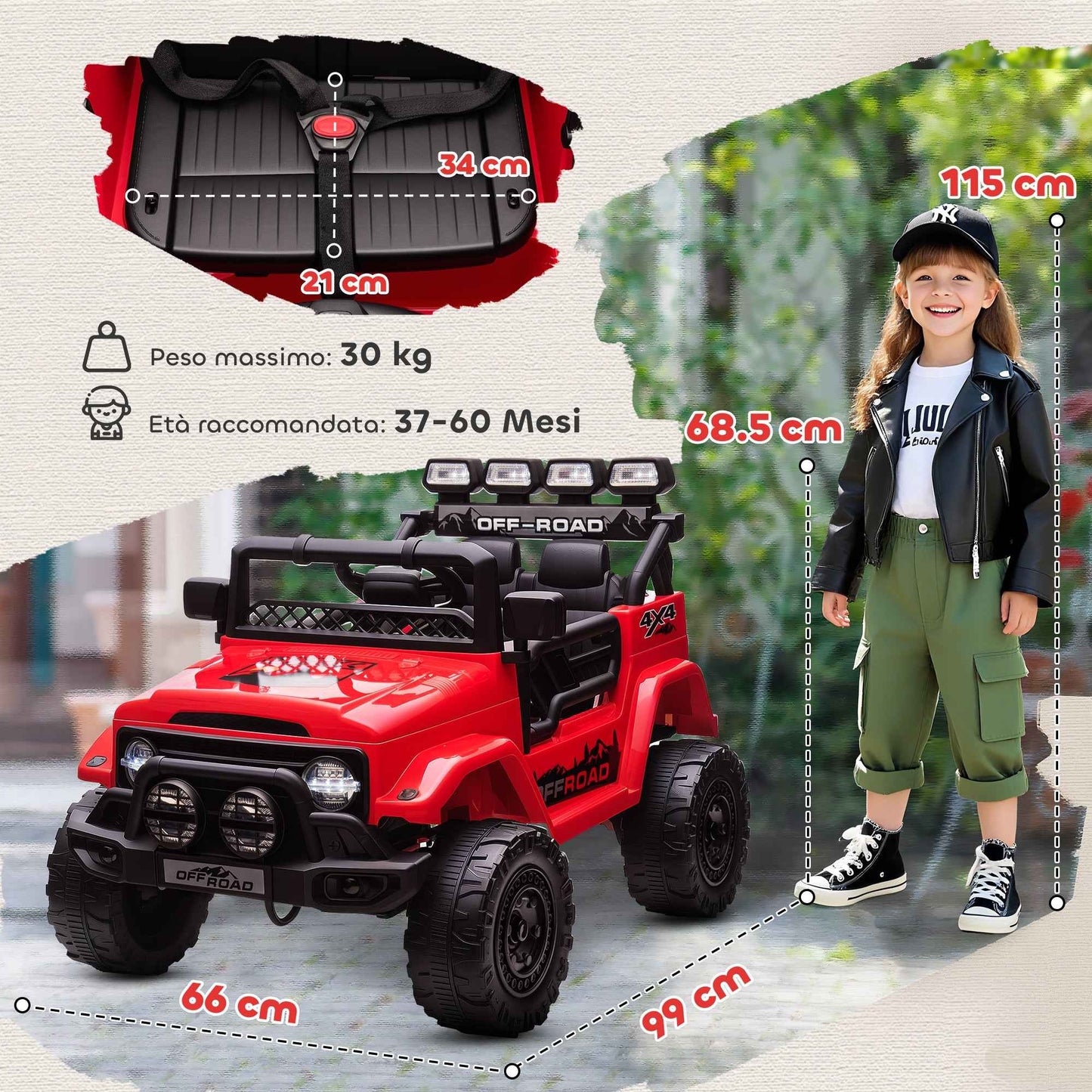 Children's Off-Road Vehicle with Lights, Horn, Belt and Remote Control, Made of PP and Metal, 99x66x68.5 cm, Red