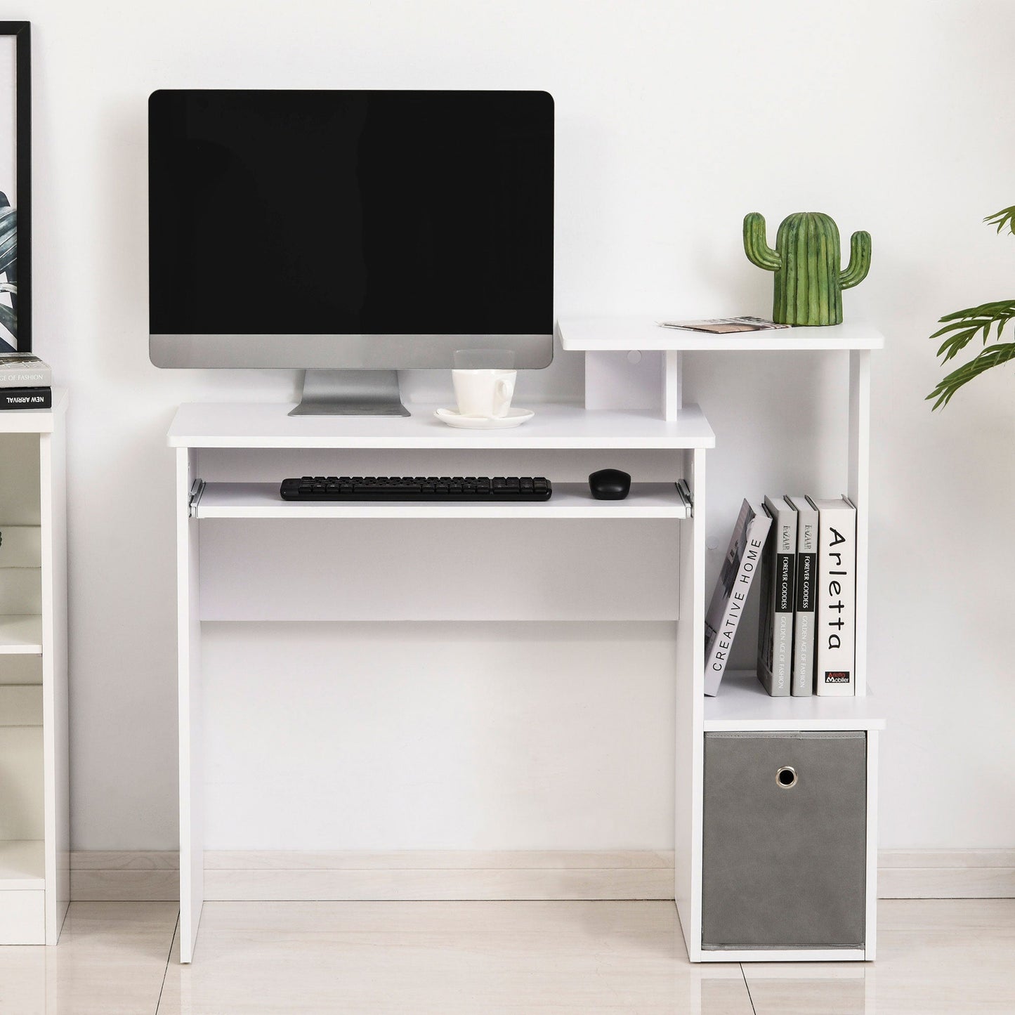 Modern PC Desk with Keyboard Shelf, Fabric Shelf and Drawer, Wooden, 100x40x86.6cm, White