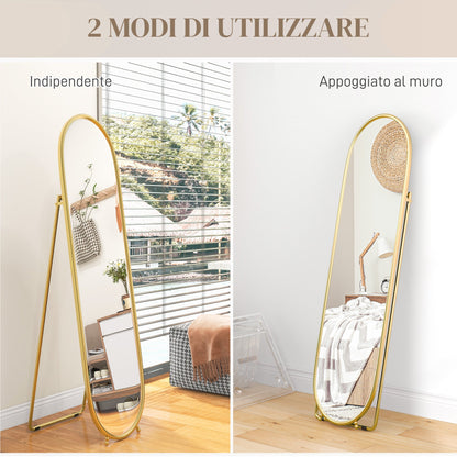 Oval Vertical Floor Mirror with Stand, in Glass and Metal, 40x41x159 cm, Gold Tone