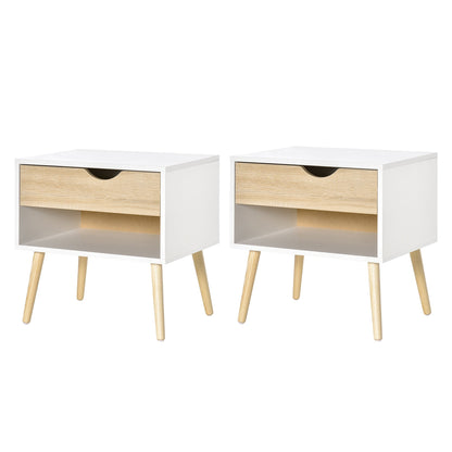Set of 2 Modern Bedside Tables with Drawer and Shelf, Raised Base and Wooden Legs, 50x39x51cm, White and Oak
