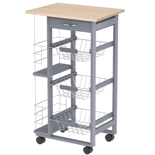 Kitchen Trolley with Pull-Out Drawers and 2 Bottle Holders, in Pine Wood and Metal, 47x37x83 cm