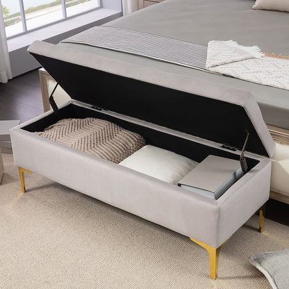 Bedside Storage Bench with Velvet Fabric and Golden Legs, 120x44x44.5cm, Light Grey
