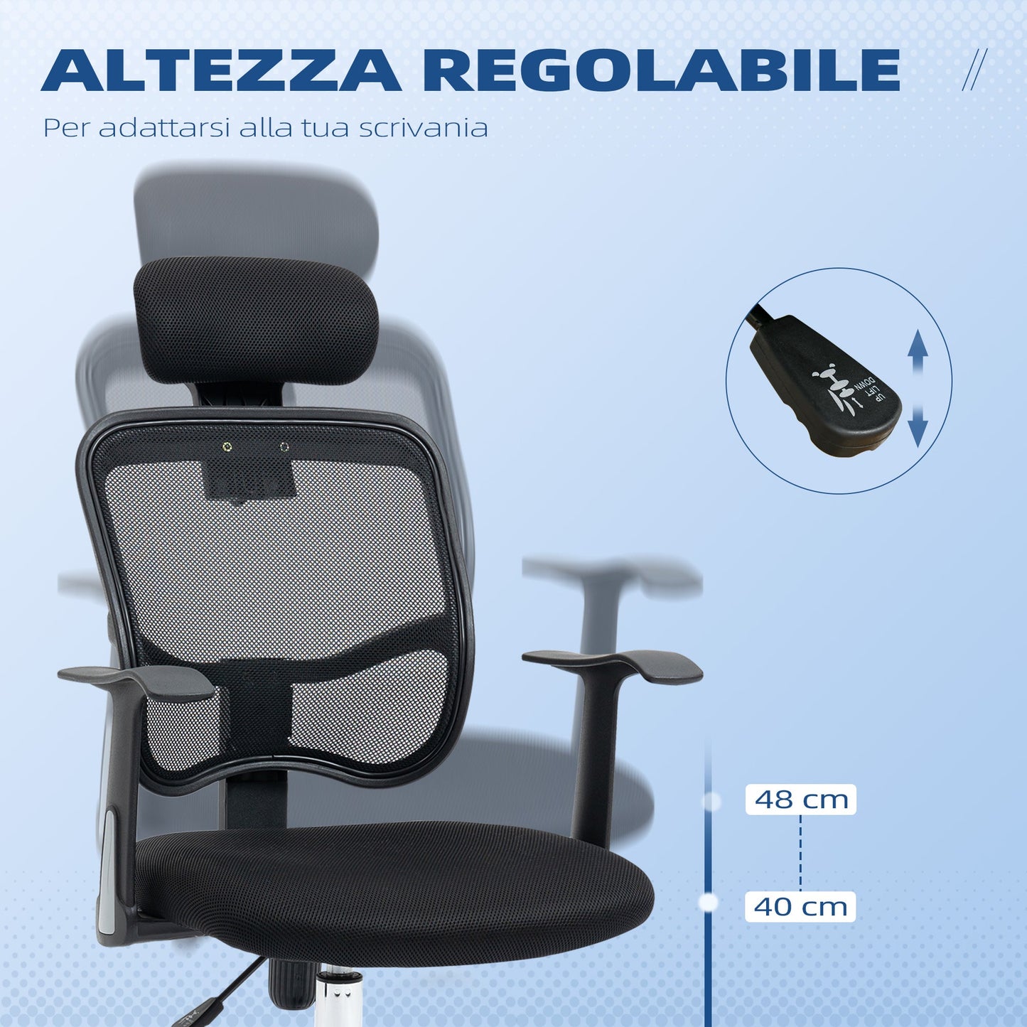 Ergonomic Office Chair with Adjustable Seat and Headrest, in Polyester and Steel, 63x62x106-114 cm, Black