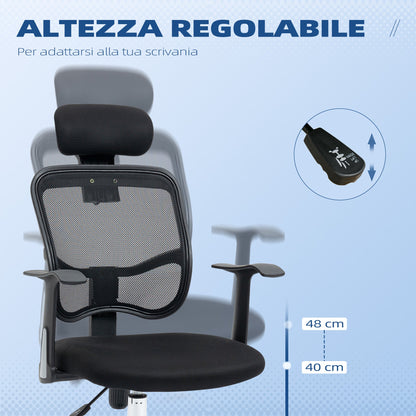 Ergonomic Office Chair with Adjustable Seat and Headrest, in Polyester and Steel, 63x62x106-114 cm, Black