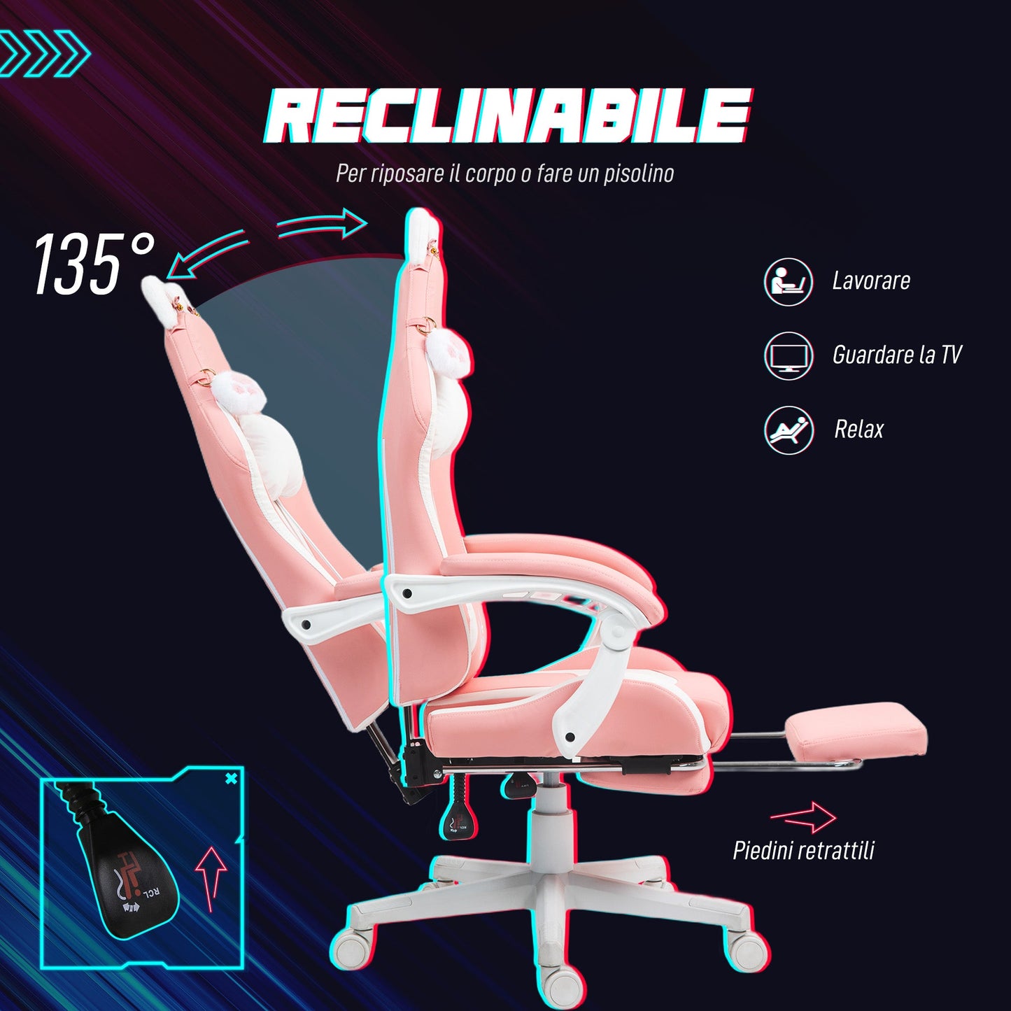 Ergonomic Cat Ear Gaming Chair with Footrest, Lumbar and Neck Support, Pink