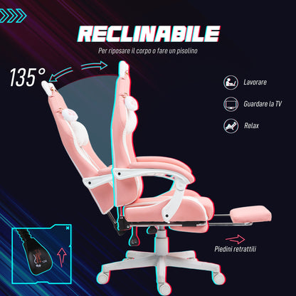 Ergonomic Cat Ear Gaming Chair with Footrest, Lumbar and Neck Support, Pink