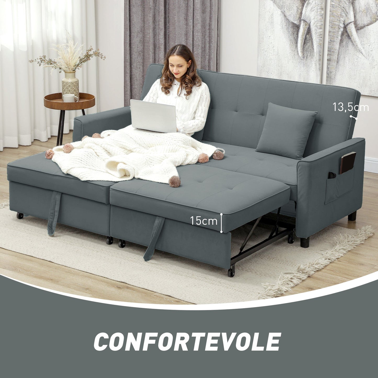 Clic Clac 3-Seater Sofa Bed with Reclining Backrest and 2 Cushions, 196x90x89 cm, Grey