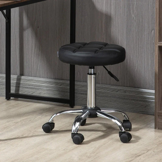 Black Beauty / Tattoo Round Swivel Stool with Wheels, Adjustable Height and Eco Leather Cover, Black