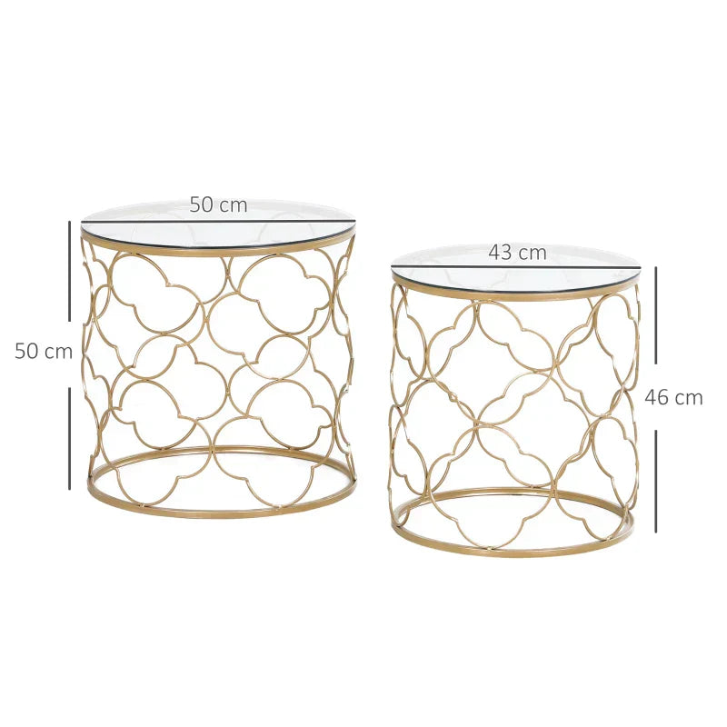 MYKONOS - Set of 2 Art Deco Metal Nesting Coffee Tables with Glass Top, Gold
