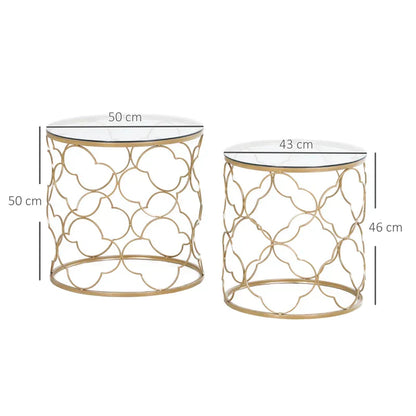 MYKONOS - Set of 2 Art Deco Metal Nesting Coffee Tables with Glass Top, Gold