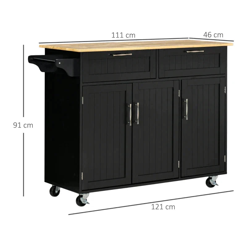 VERA | Wooden Kitchen Trolley with 2 Drawers, 3 Door Cabinet and 4 Wheels, 121x46x91cm, Black