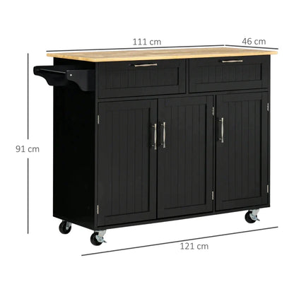 VERA | Wooden Kitchen Trolley with 2 Drawers, 3 Door Cabinet and 4 Wheels, 121x46x91cm, Black