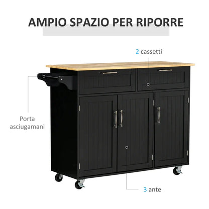 VERA | Wooden Kitchen Trolley with 2 Drawers, 3 Door Cabinet and 4 Wheels, 121x46x91cm, Black