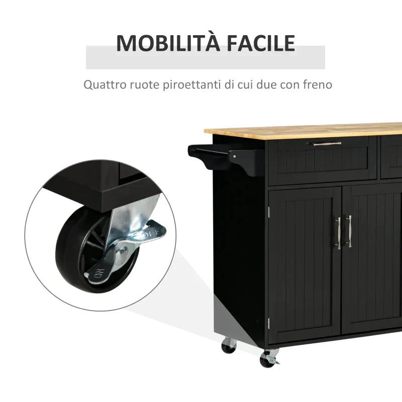 VERA | Wooden Kitchen Trolley with 2 Drawers, 3 Door Cabinet and 4 Wheels, 121x46x91cm, Black