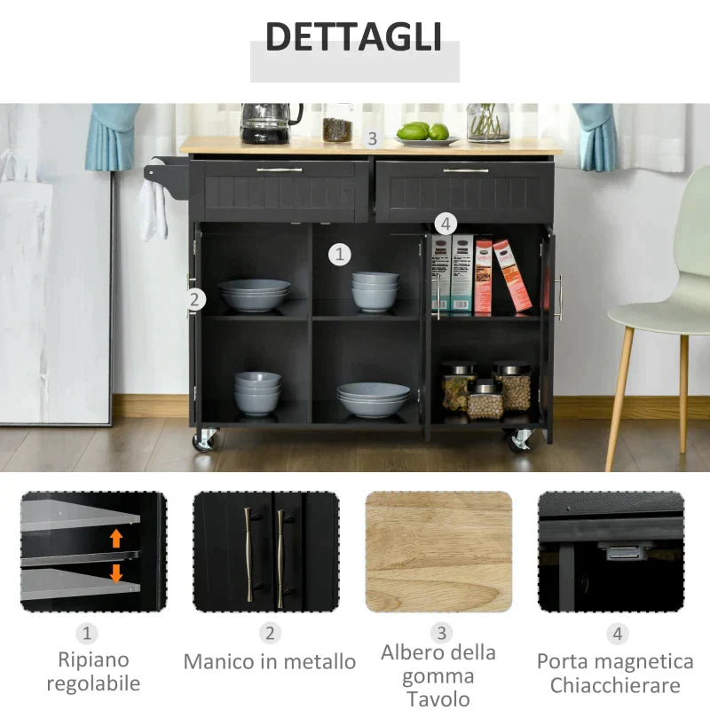 VERA | Wooden Kitchen Trolley with 2 Drawers, 3 Door Cabinet and 4 Wheels, 121x46x91cm, Black